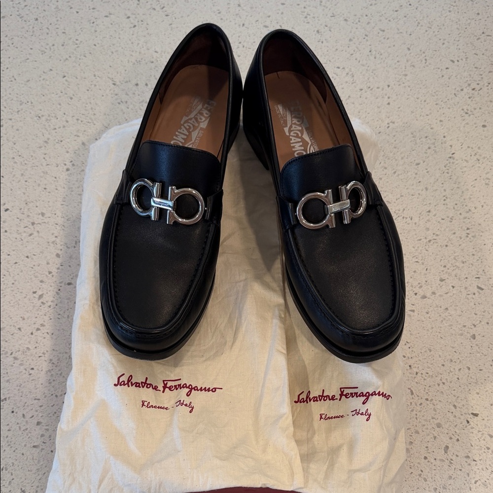 Salvatore Ferragamo Black Leather Slip-Ons with Silver Buckle size 10